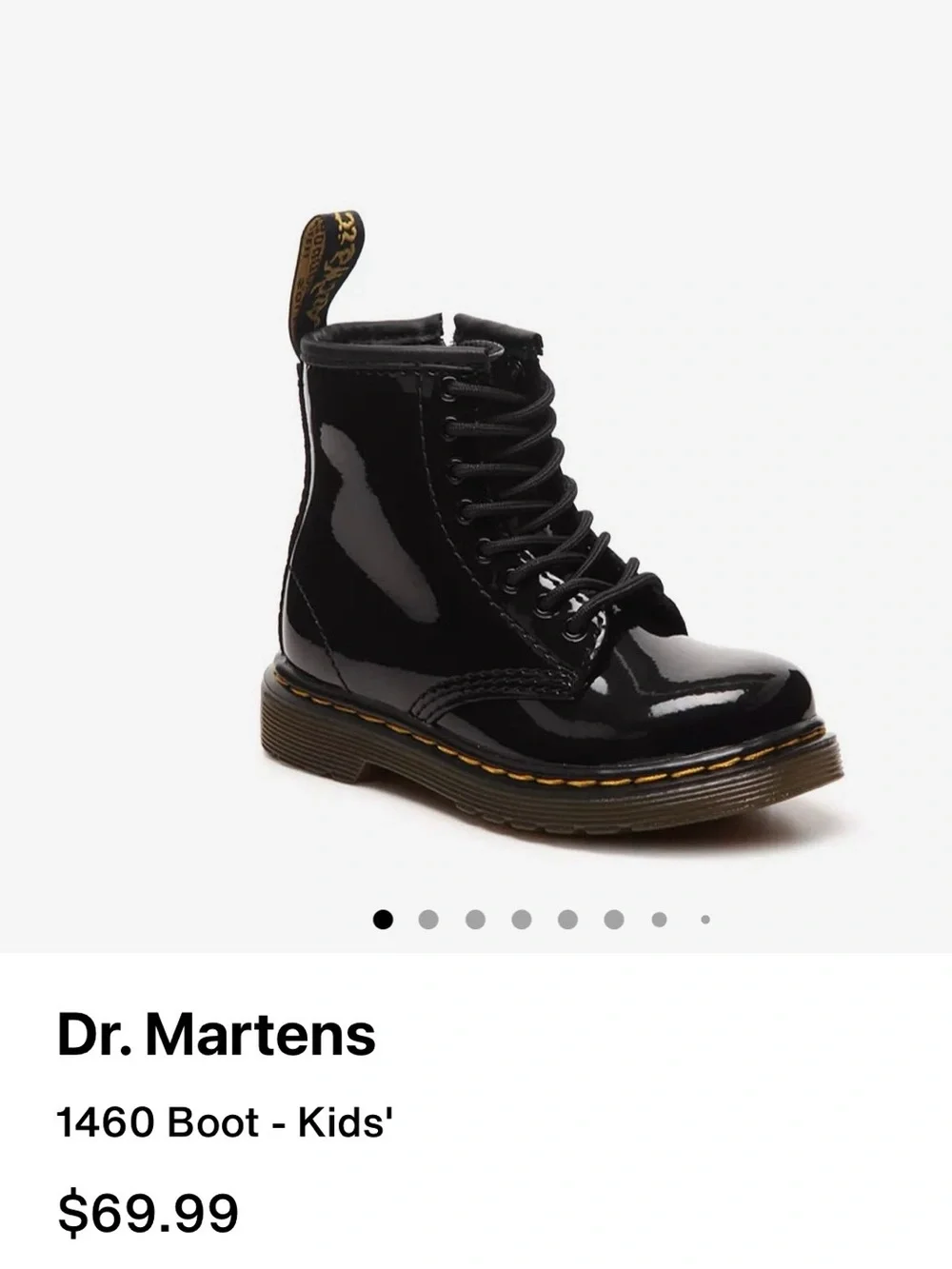 Dr. Martens Kids Black Patent Lace-Up Boots with Yellow Stitching